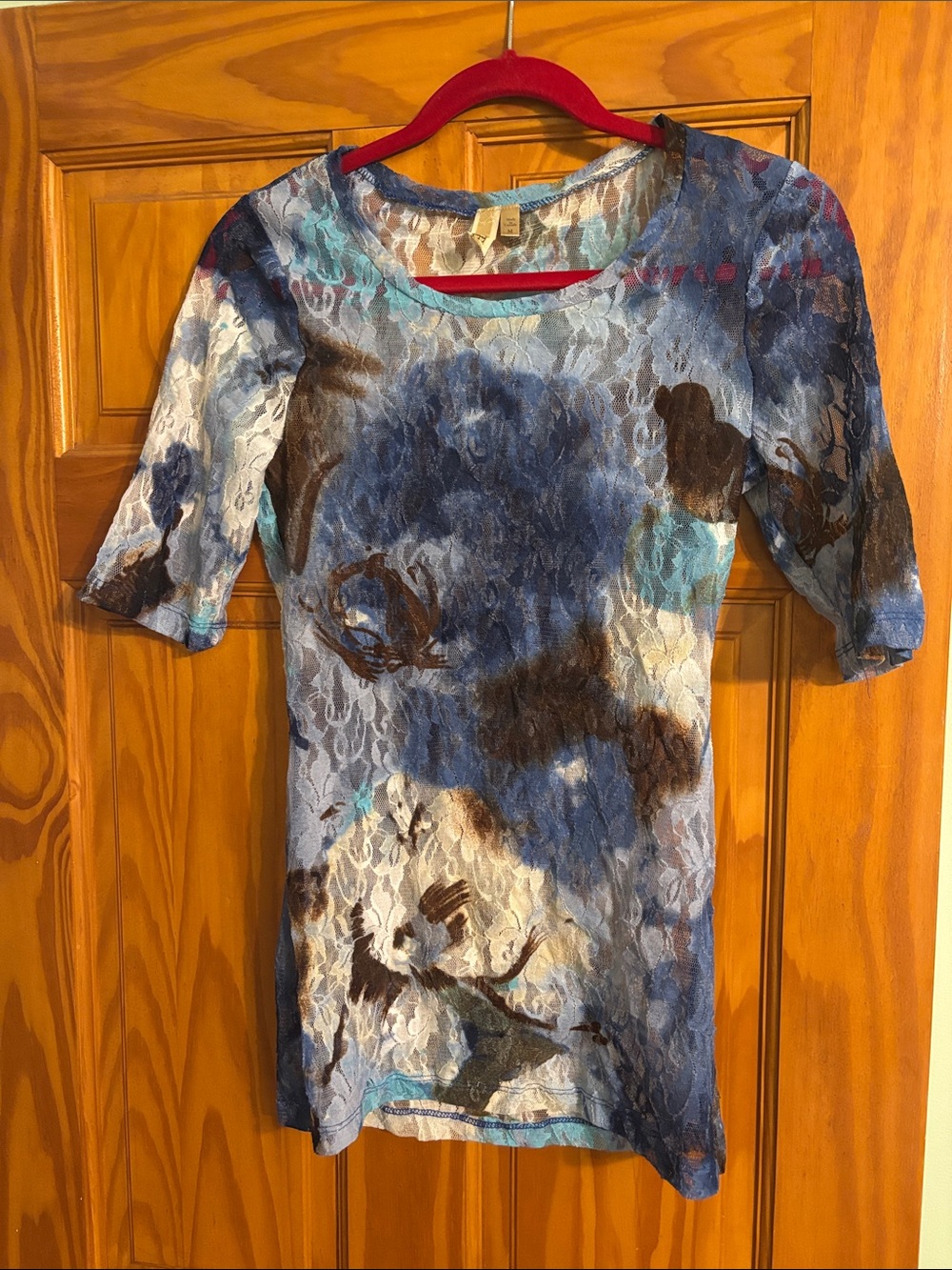 Blue Floral Lace-Texture Short Sleeve Top